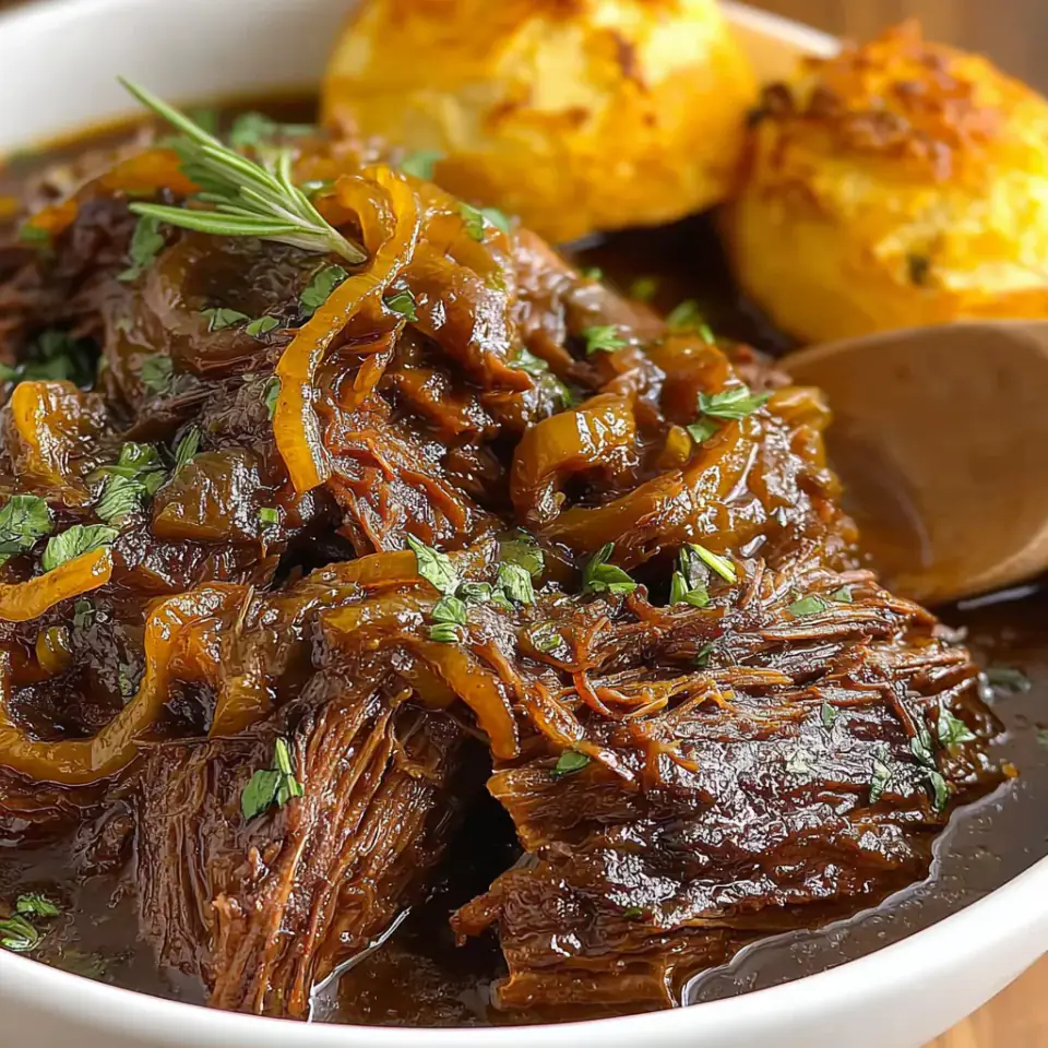 Comforting French Onion Pot Roast, ready to serve