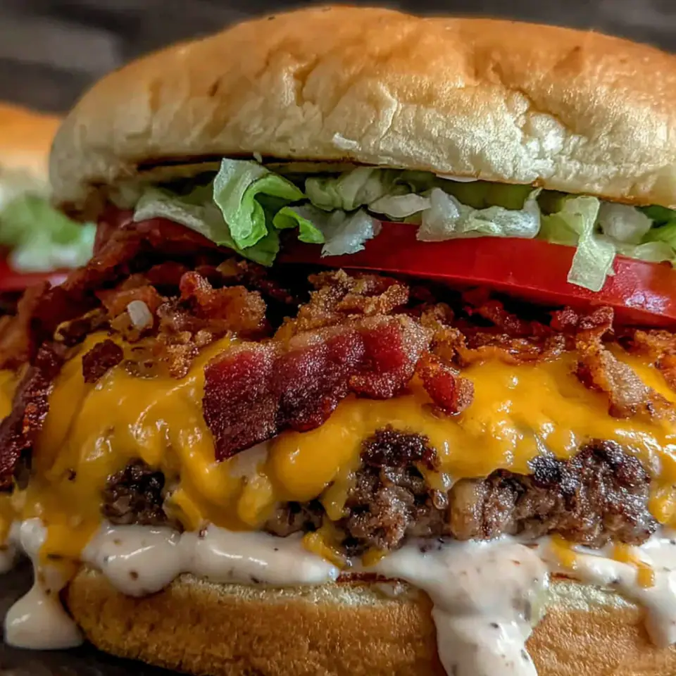 A close look at Crack Burgers with Bacon, Cheddar and Ranch