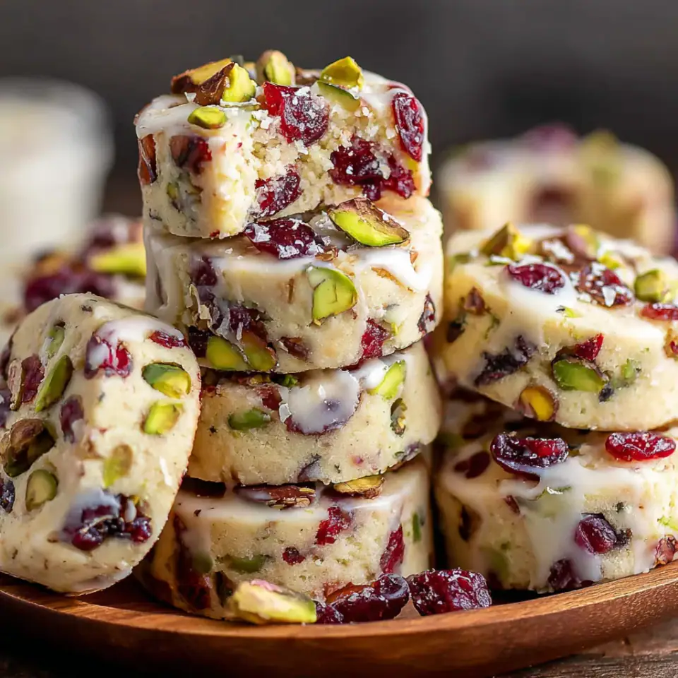 Cranberry Pistachio Shortbread Cookies, ready to serve