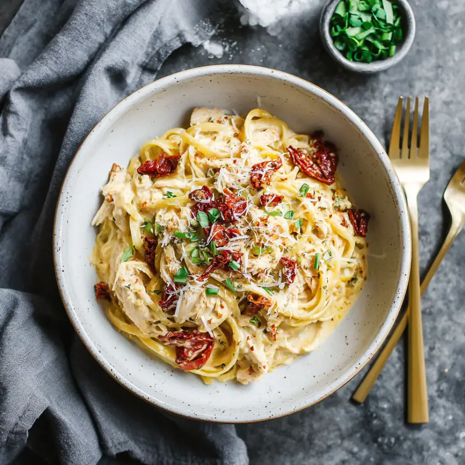 Creamy Cajun Chicken Pasta with Sun-Dried Tomatoes, ready to serve