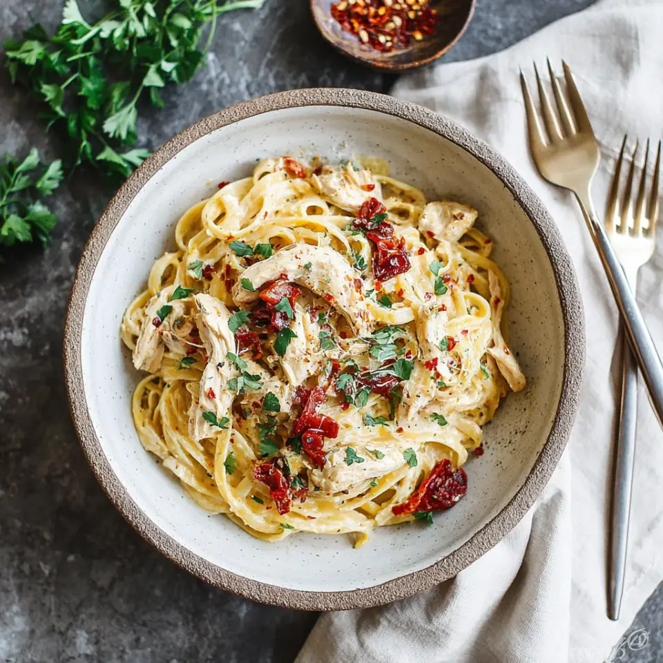 A close look at Creamy Cajun Chicken Pasta with Sun-Dried Tomatoes