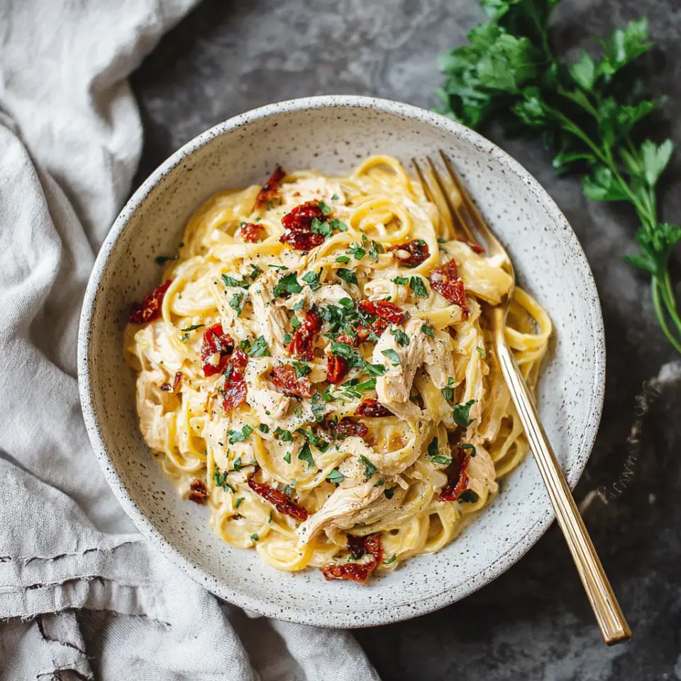Creamy Cajun Chicken Pasta with Sun-Dried Tomatoes served on the table