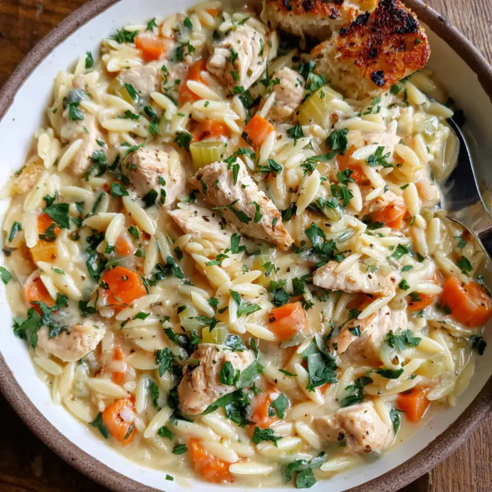 Creamy Chicken Pot Pie Orzo Recipe, ready to serve