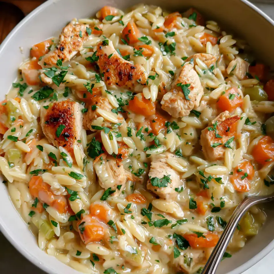 Creamy Chicken Pot Pie Orzo Recipe served on the table