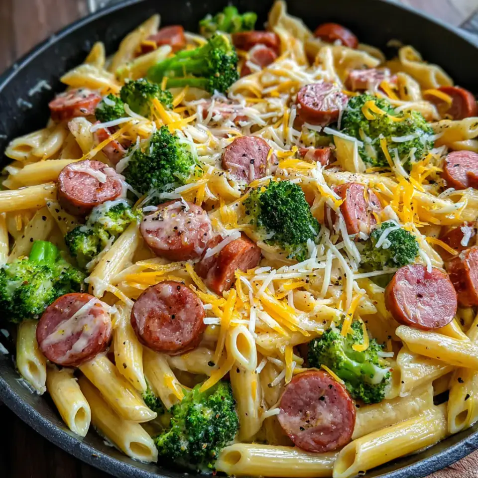 Creamy Kielbasa Broccoli Skillet, ready to serve