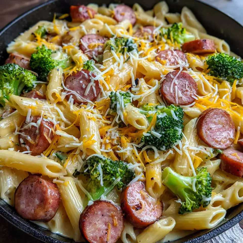 Creamy Kielbasa Broccoli Skillet served on the table
