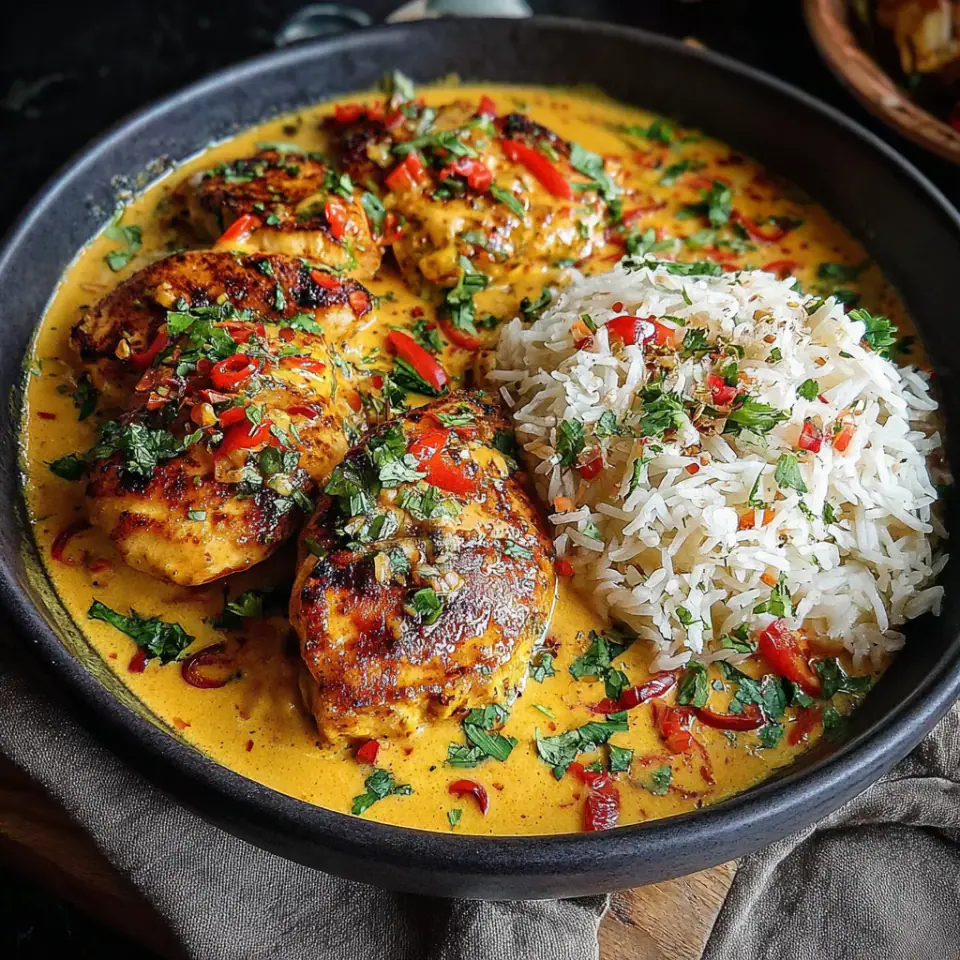 Creamy Peri-Peri Chicken with Rice, ready to serve