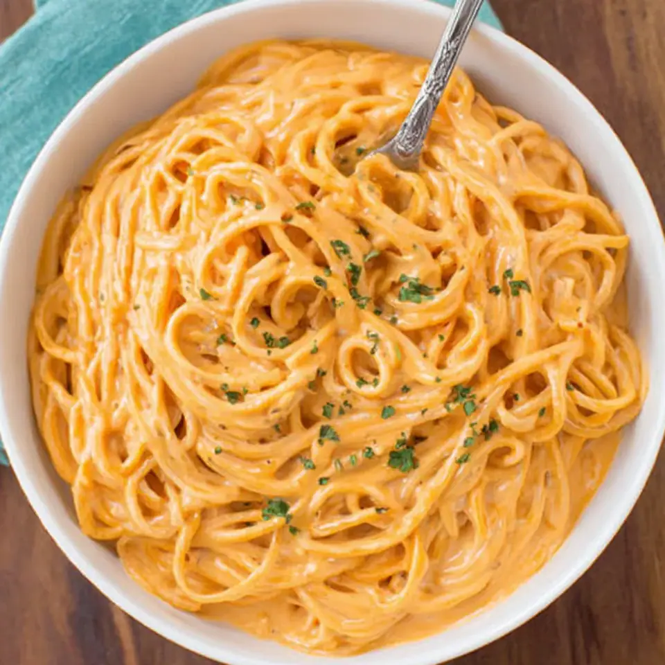 Creamy Red Pepper Alfredo Pasta, ready to serve