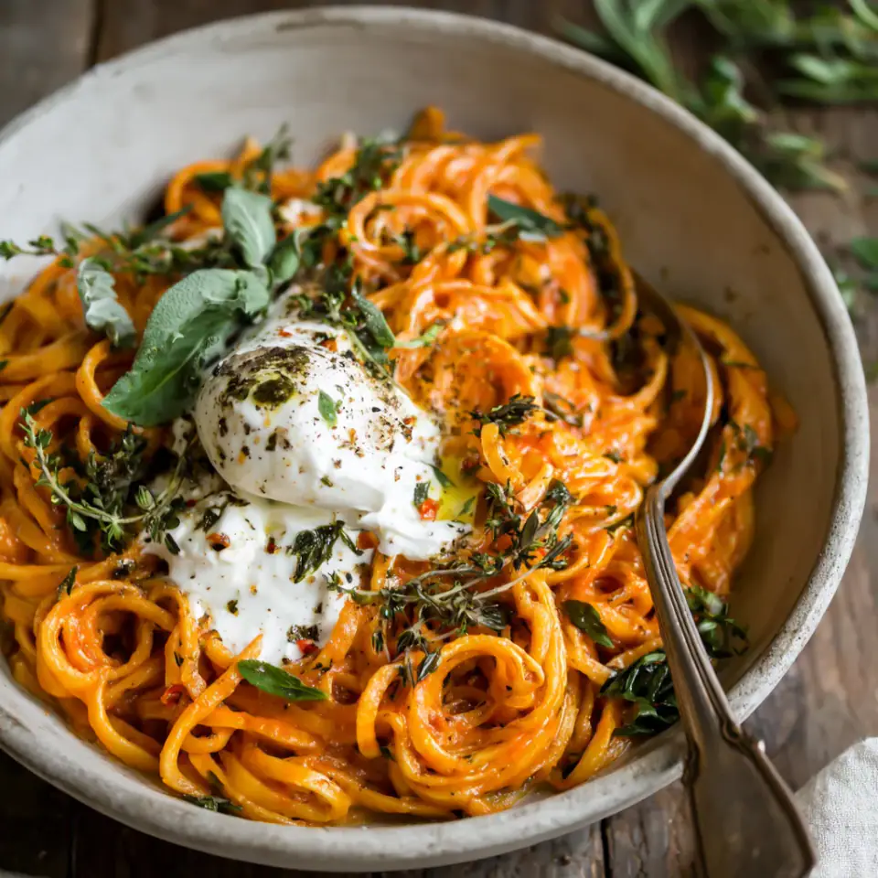 Creamy Red Pepper Pasta with Burrata & Herbs, ready to serve