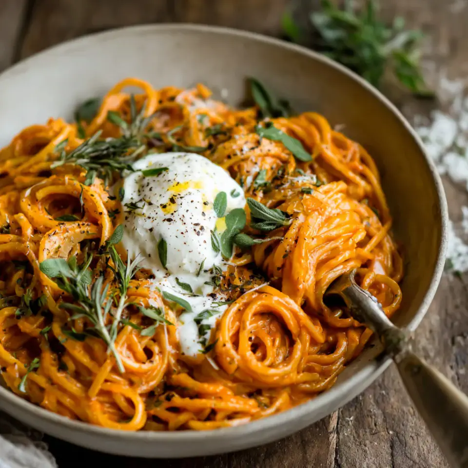 A close look at Creamy Red Pepper Pasta with Burrata & Herbs