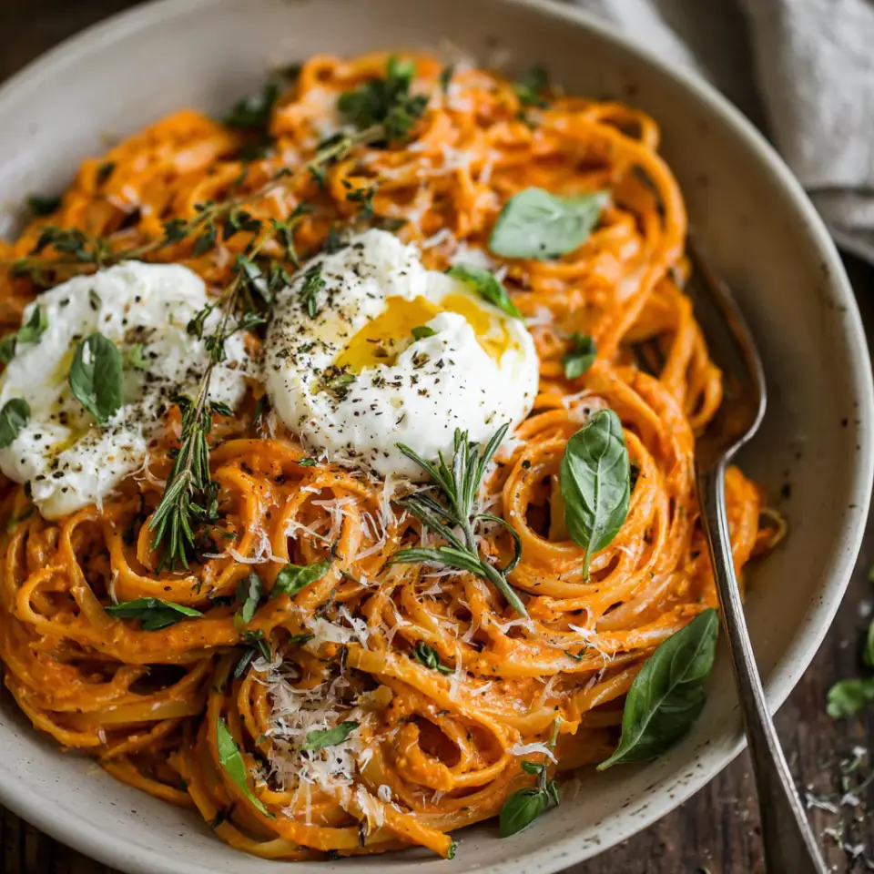 Creamy Red Pepper Pasta with Burrata & Herbs served on the table
