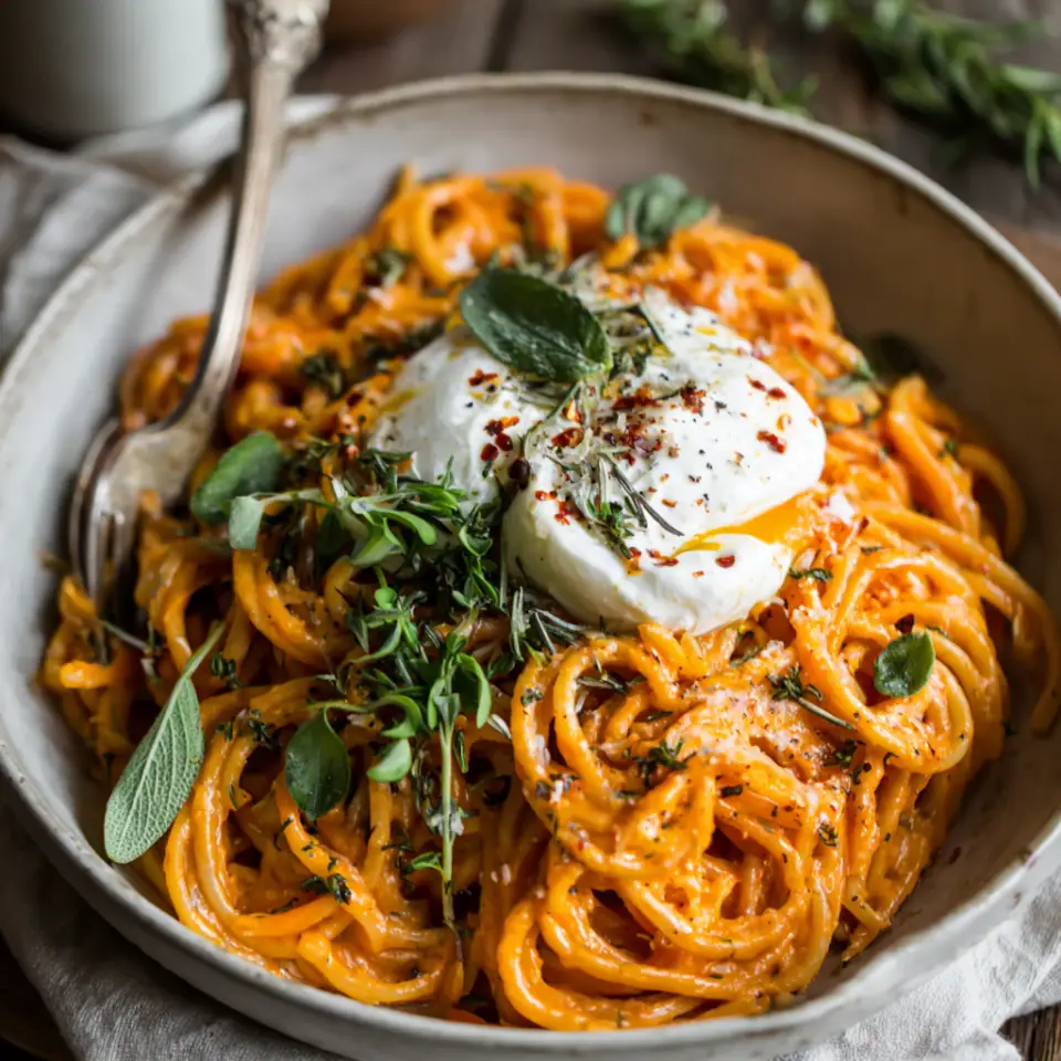 Creamy Red Pepper Pasta with Burrata & Herbs