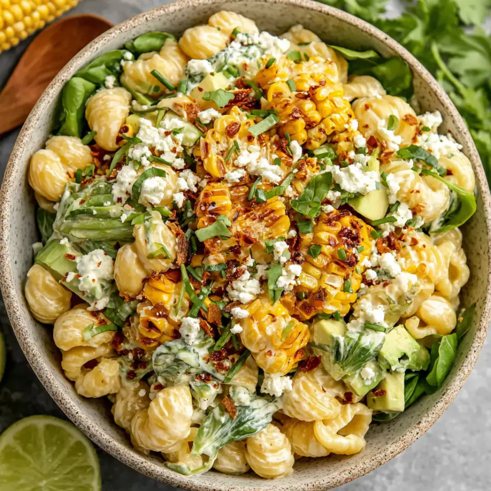 Creamy Street Corn Pasta Salad, ready to serve