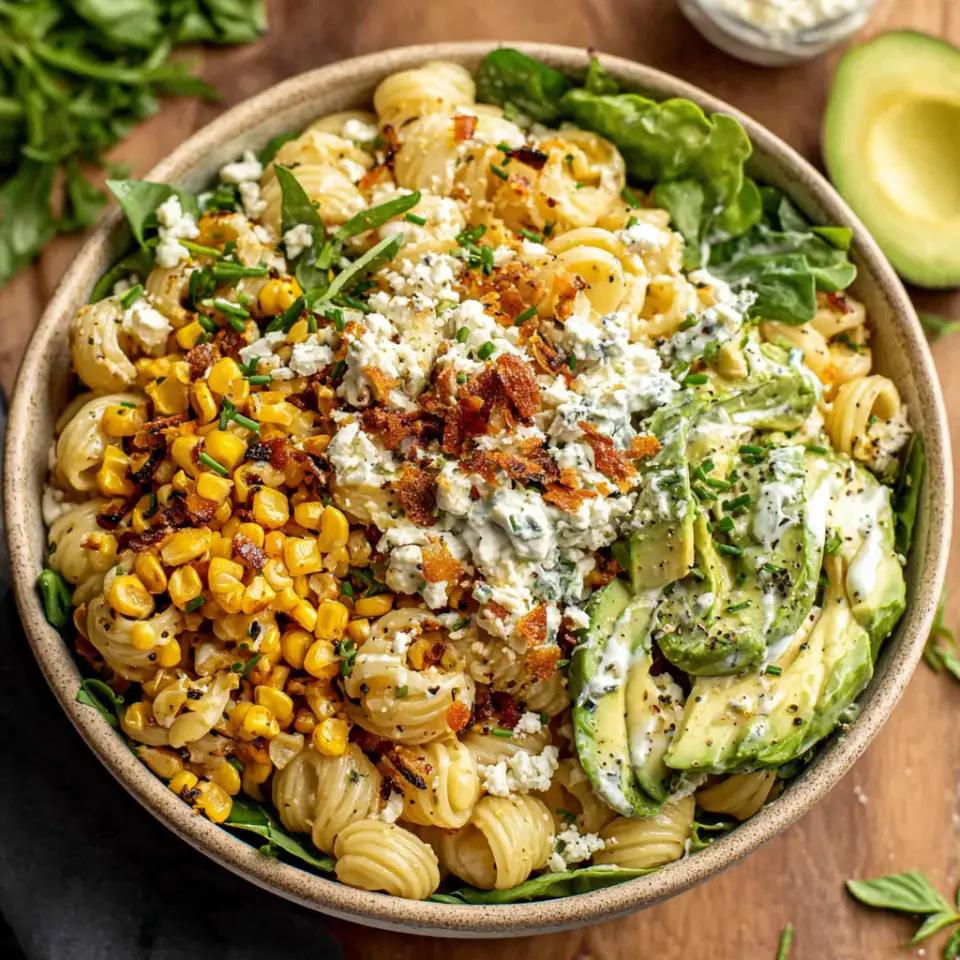 A close look at Creamy Street Corn Pasta Salad