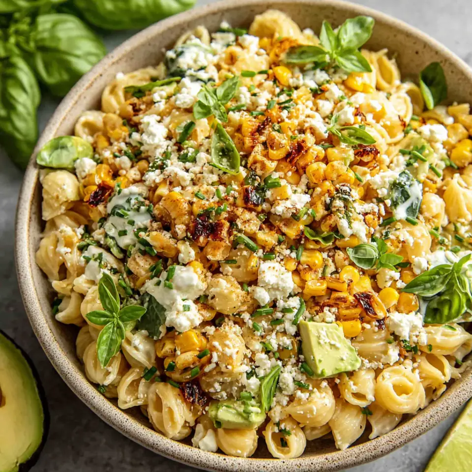 Creamy Street Corn Pasta Salad served on the table