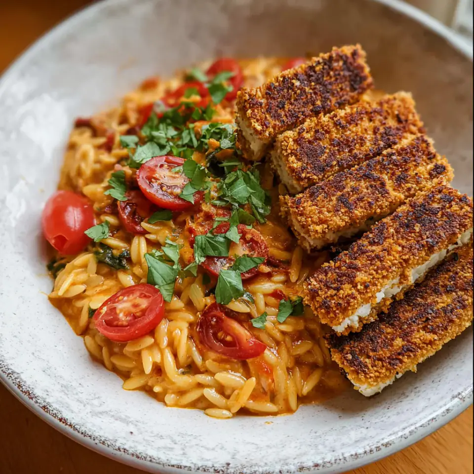 Creamy Tomato Orzo with Crispy Tofu Cutlets, ready to serve