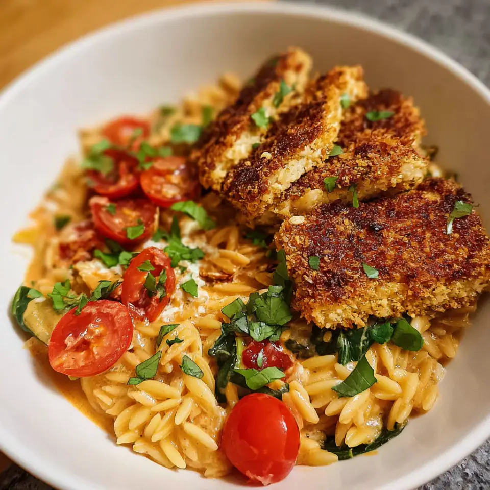 Creamy Tomato Orzo with Crispy Tofu Cutlets