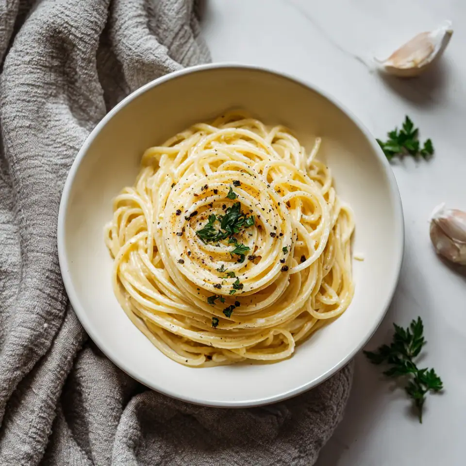Creamy Vegan Garlic Spaghetti, ready to serve