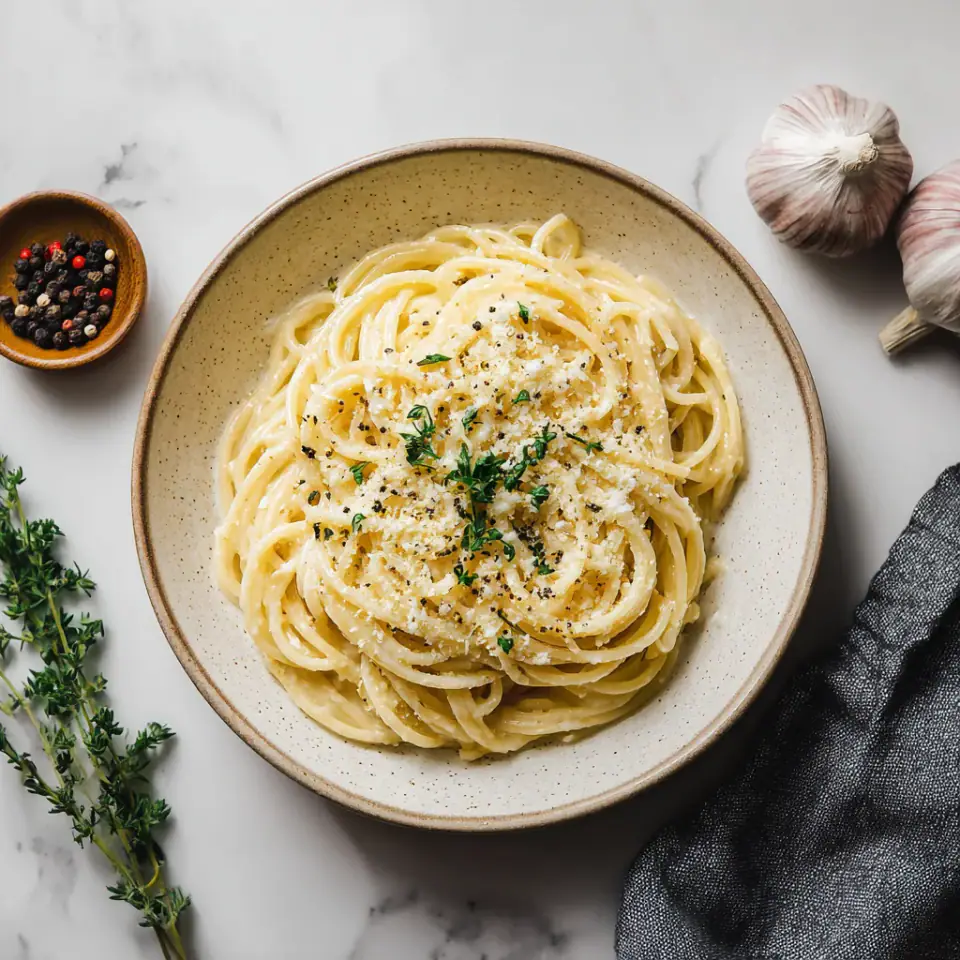 A close look at Creamy Vegan Garlic Spaghetti