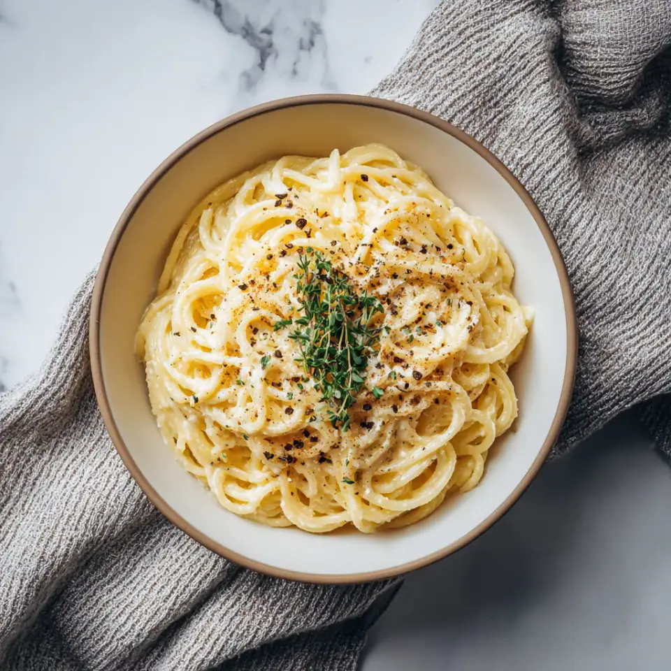 Creamy Vegan Garlic Spaghetti served on the table