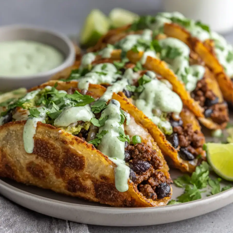 Crispy Baked Ground Turkey Tacos with Avocado Sauce, ready to serve