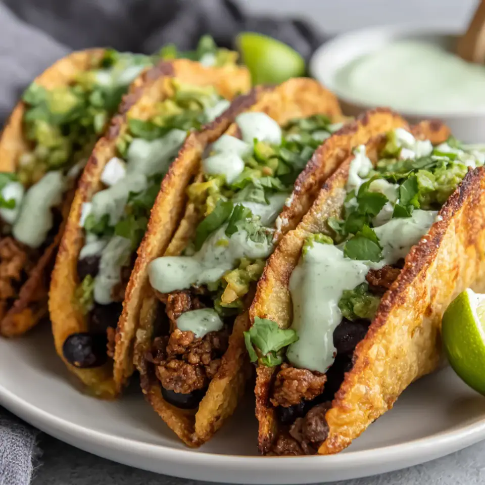 A close look at Crispy Baked Ground Turkey Tacos with Avocado Sauce