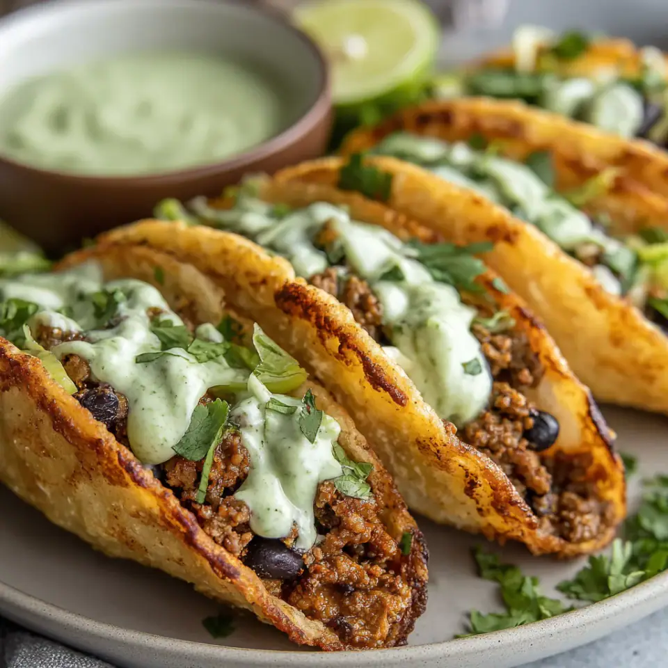 Crispy Baked Ground Turkey Tacos with Avocado Sauce served on the table
