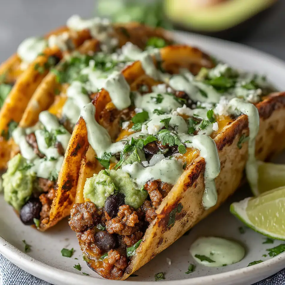 Crispy Baked Ground Turkey Tacos with Avocado Sauce