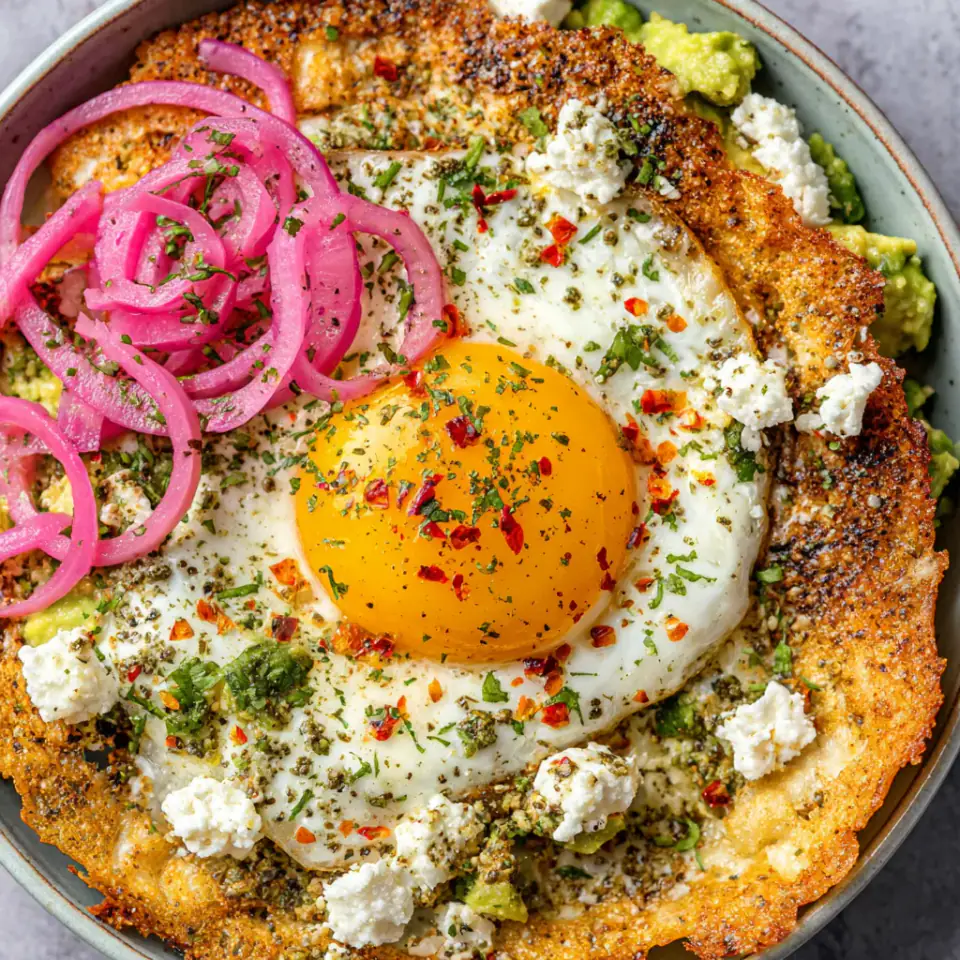 Crispy Feta Egg Tortilla with Avocado, ready to serve