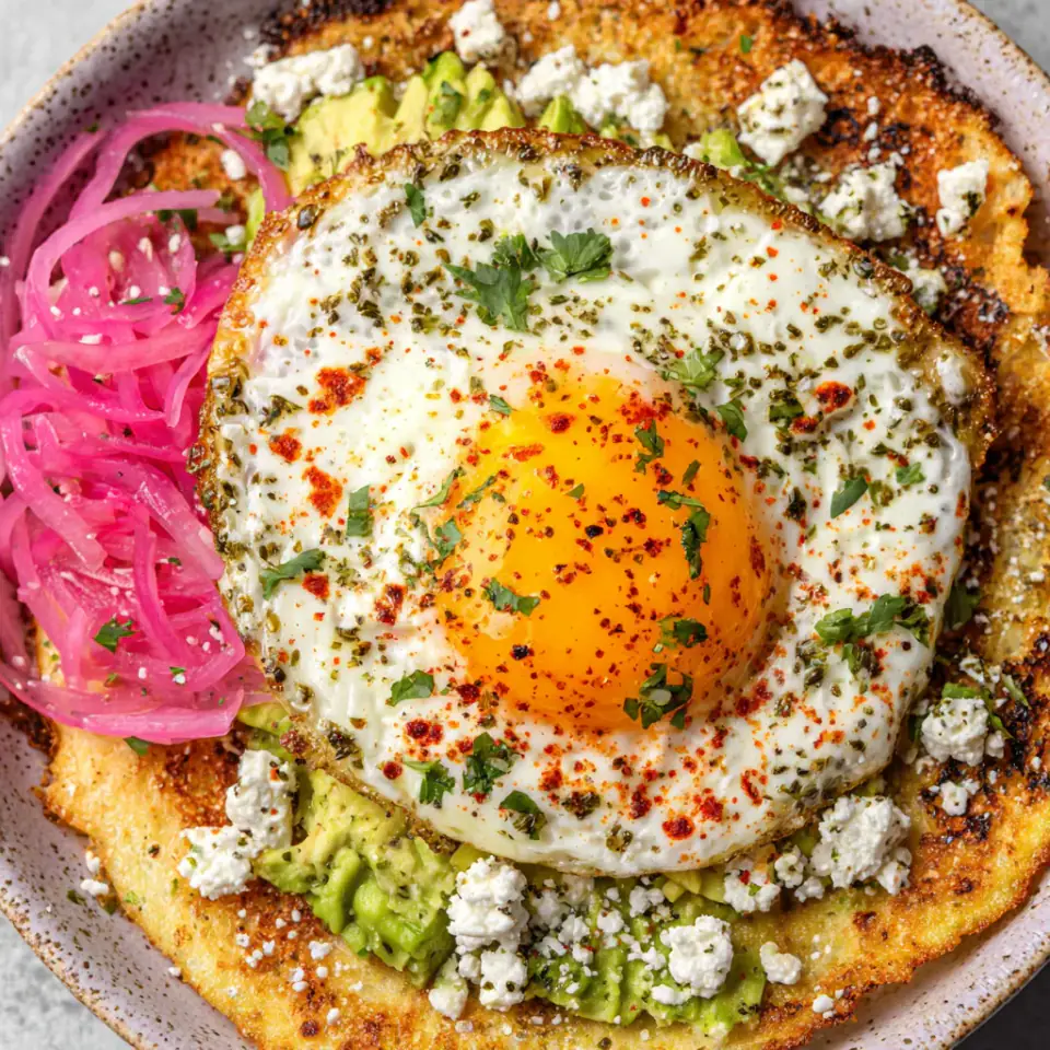 Crispy Feta Egg Tortilla with Avocado served on the table