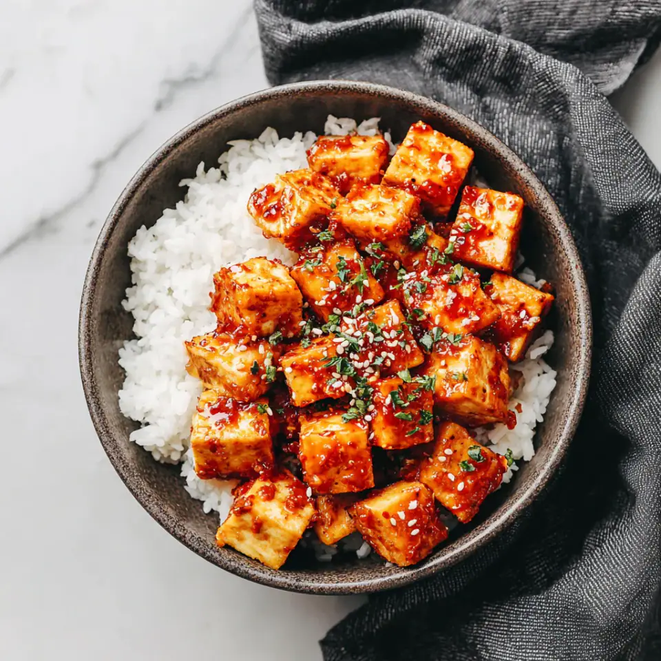 Crispy Gochujang Korean Tofu, ready to serve