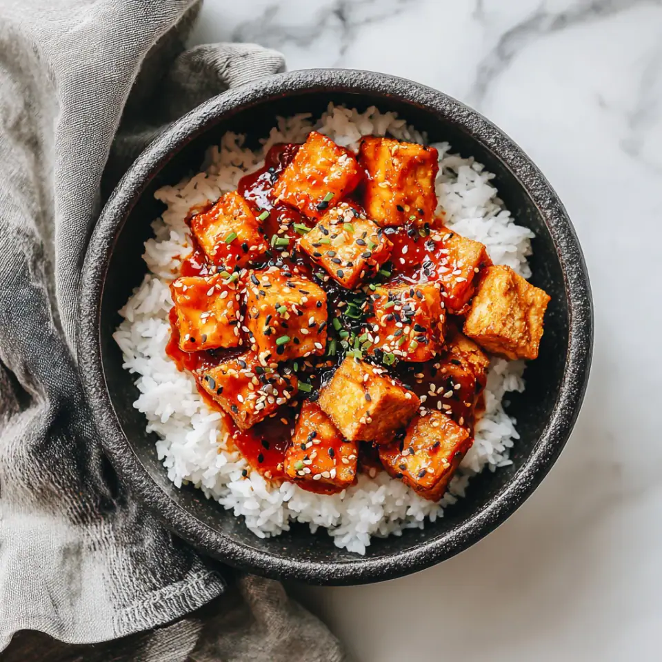 Crispy Gochujang Korean Tofu served on the table