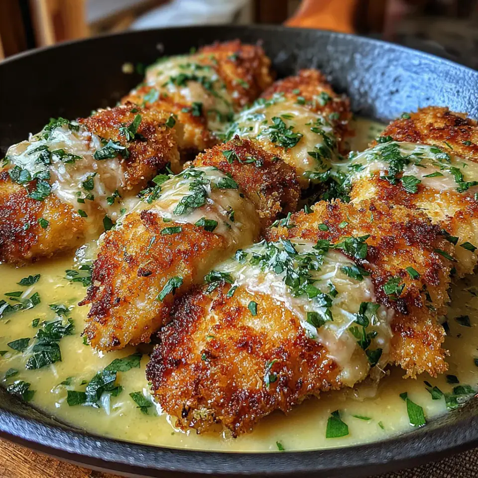 Crispy Parmesan Chicken with a Rich Garlic Sauce, ready to serve