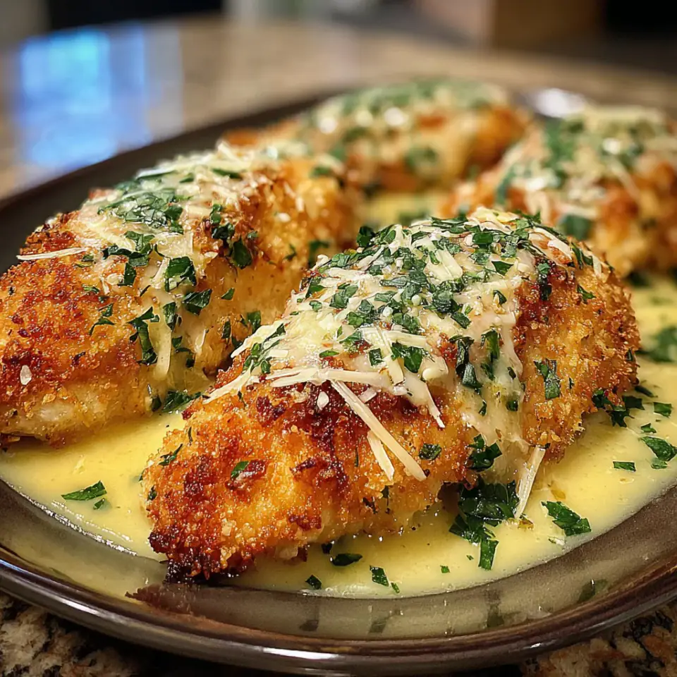 A close look at Crispy Parmesan Chicken with a Rich Garlic Sauce