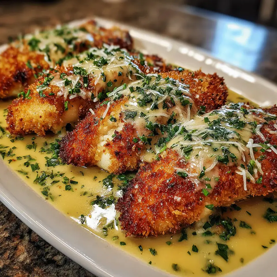 Crispy Parmesan Chicken with a Rich Garlic Sauce served on the table