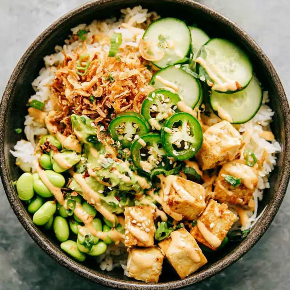 Crunchy Roll Tofu and Edamame Bowls served on the table