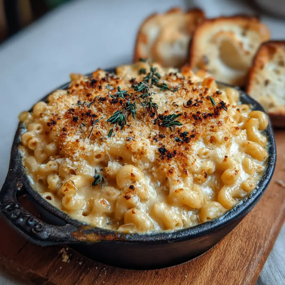 French Onion Soup Mac and Cheese, ready to serve