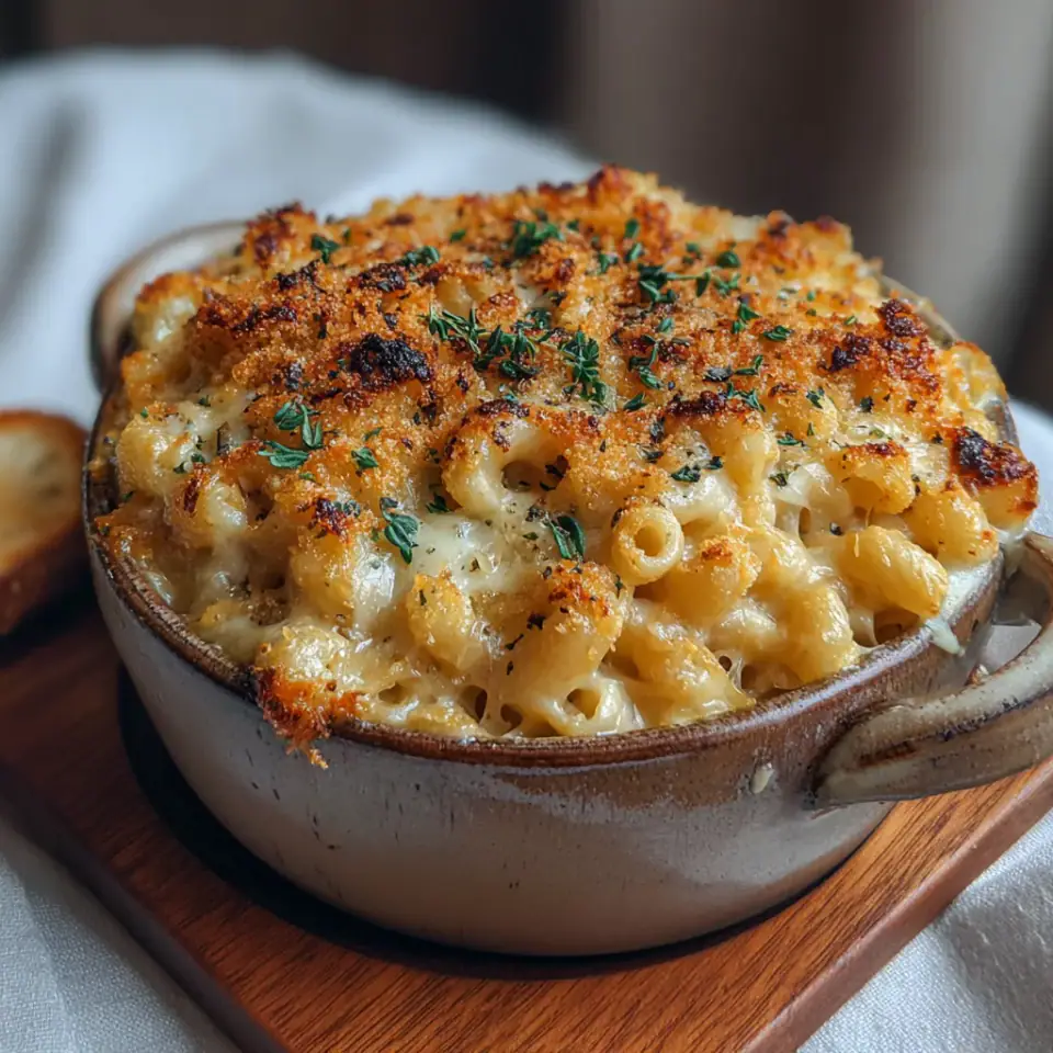 French Onion Soup Mac and Cheese served on the table