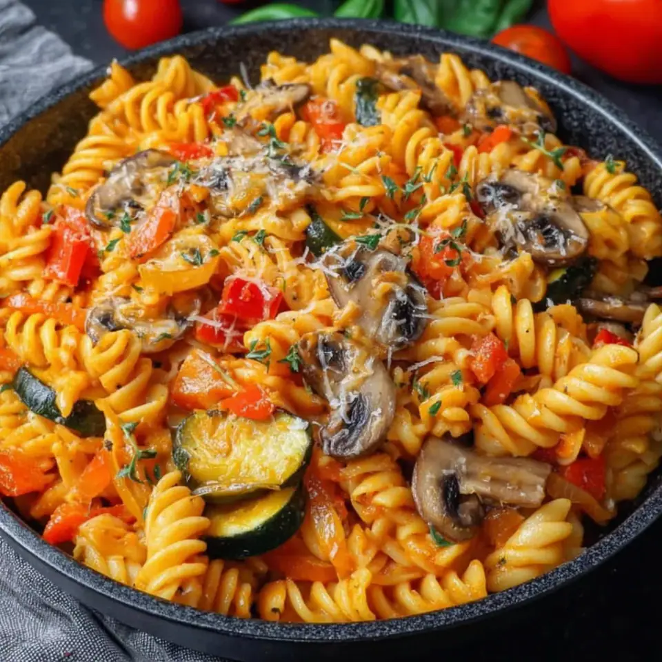 One Pot Veggie Pasta served on the table