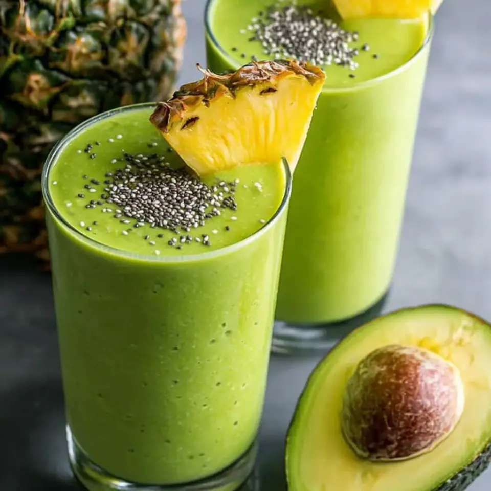 Detox Green Pineapple Avocado Smoothie Recipe served on the table