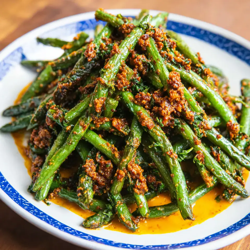 Dry-Fried Green Beans With Romesco Sauce Recipe, ready to serve