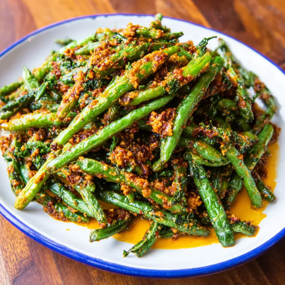 A close look at Dry-Fried Green Beans With Romesco Sauce Recipe