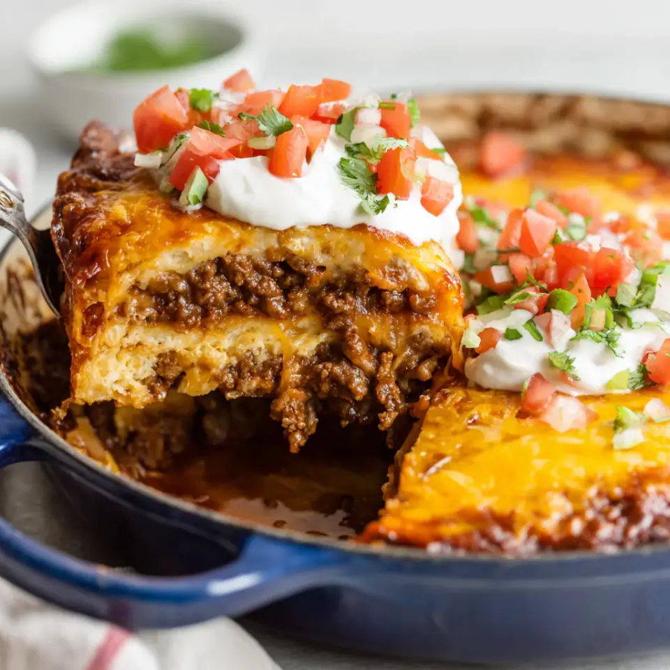 Dutch Oven Beef Enchilada Casserole, ready to serve