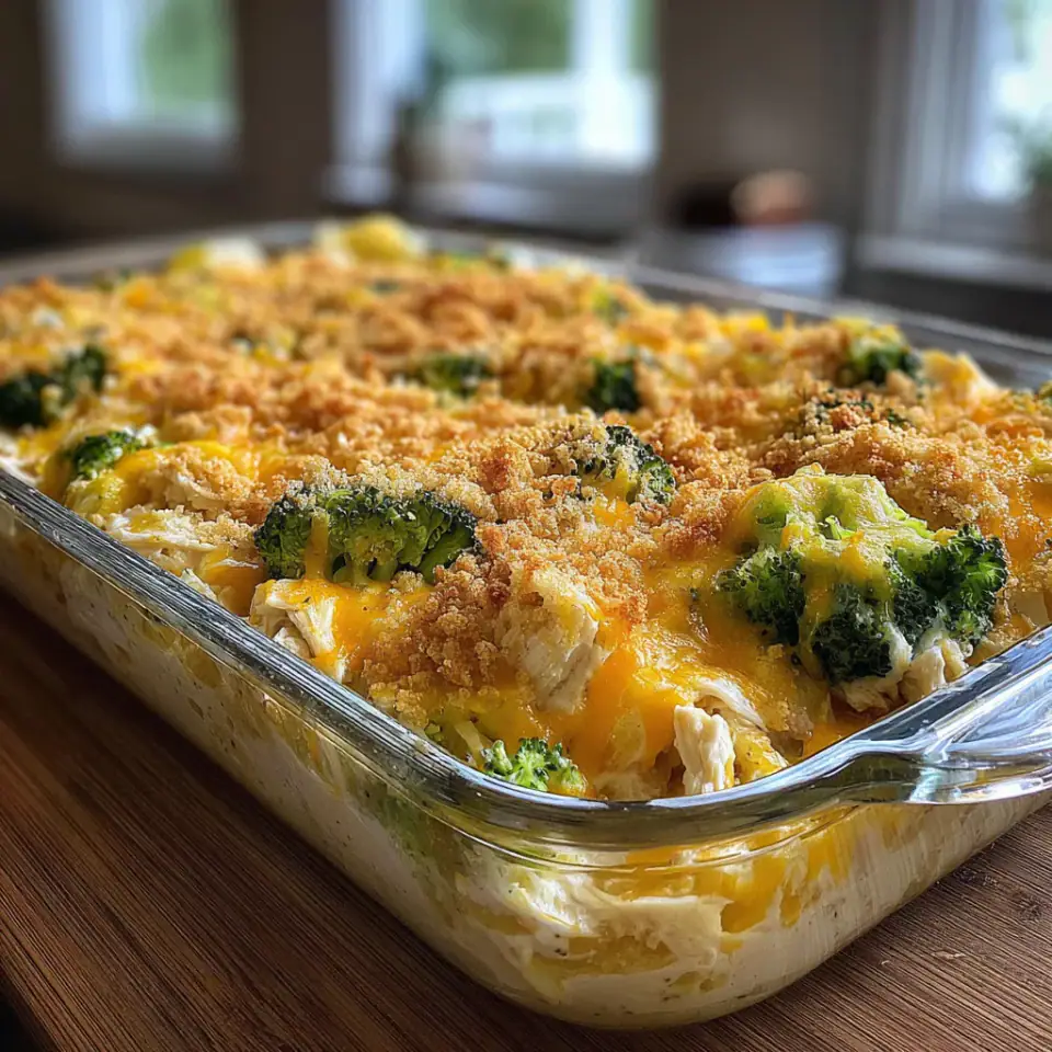 Easy Broccoli Chicken Cheese Casserole Recipe served on the table