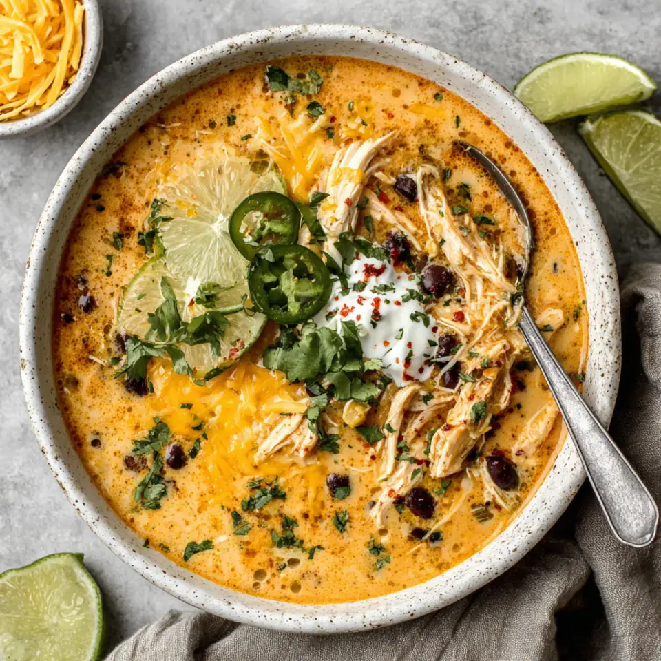 Easy Chicken, Poblano, and Black Bean Soup, ready to serve
