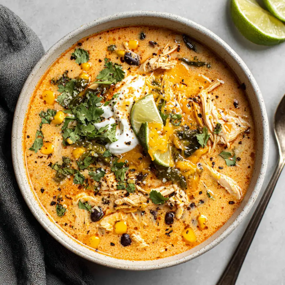 Easy Chicken, Poblano, and Black Bean Soup served on the table