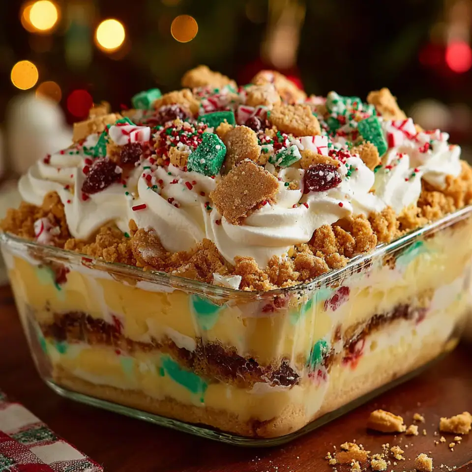 No-Bake Christmas Cookie Lasagna, ready to serve