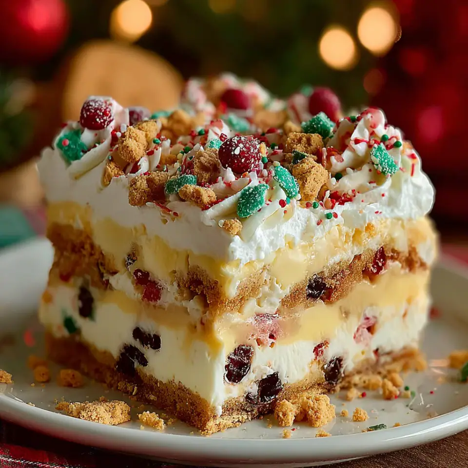A close look at No-Bake Christmas Cookie Lasagna
