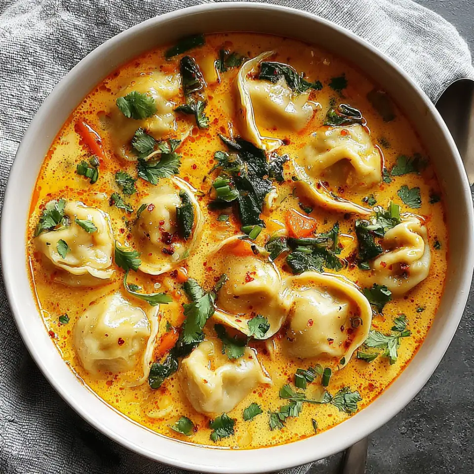 Easy Thai Coconut Curry Dumpling Soup, ready to serve
