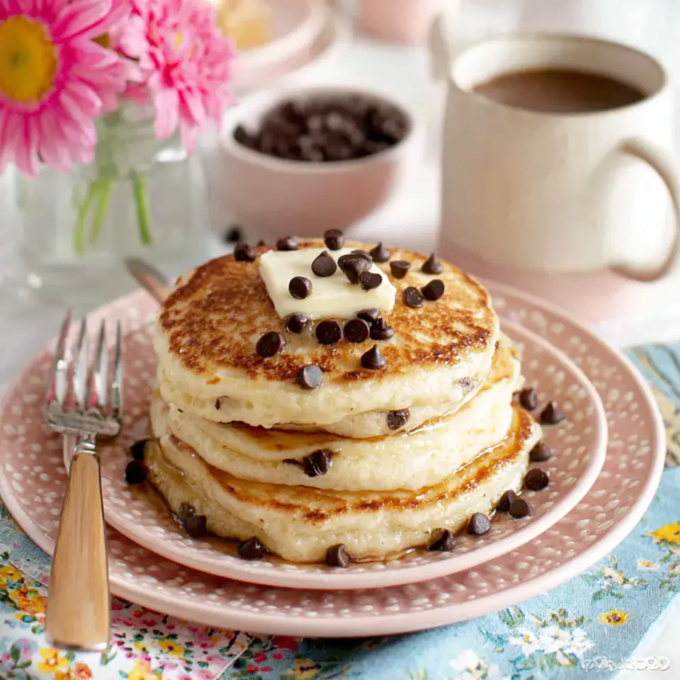 Fluffy Chocolate Chip Pancakes served on the table